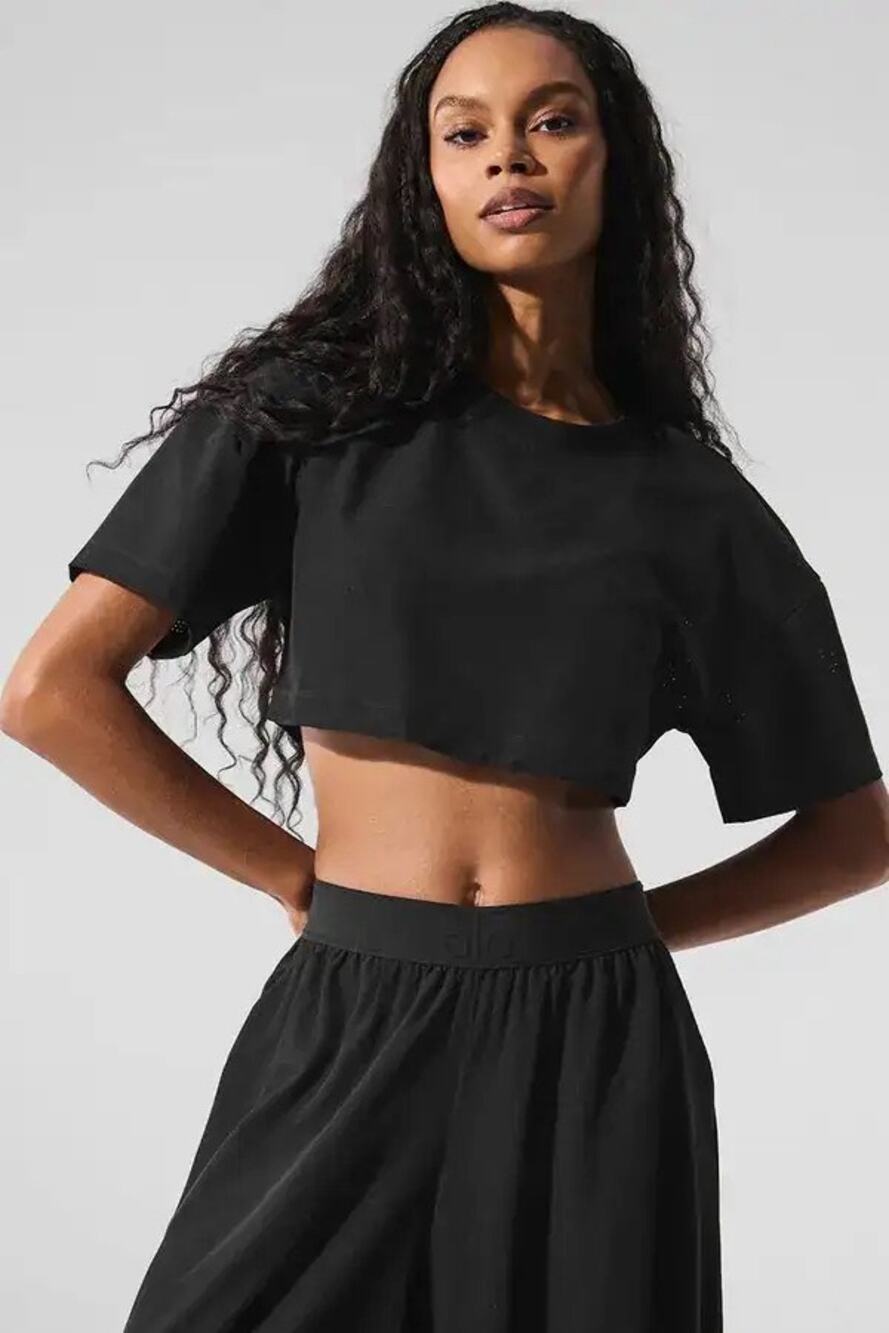 Alo Yoga Black Mesh Cropped Short Sleeve Crewneck Boxy Athleisure Tee Size Small